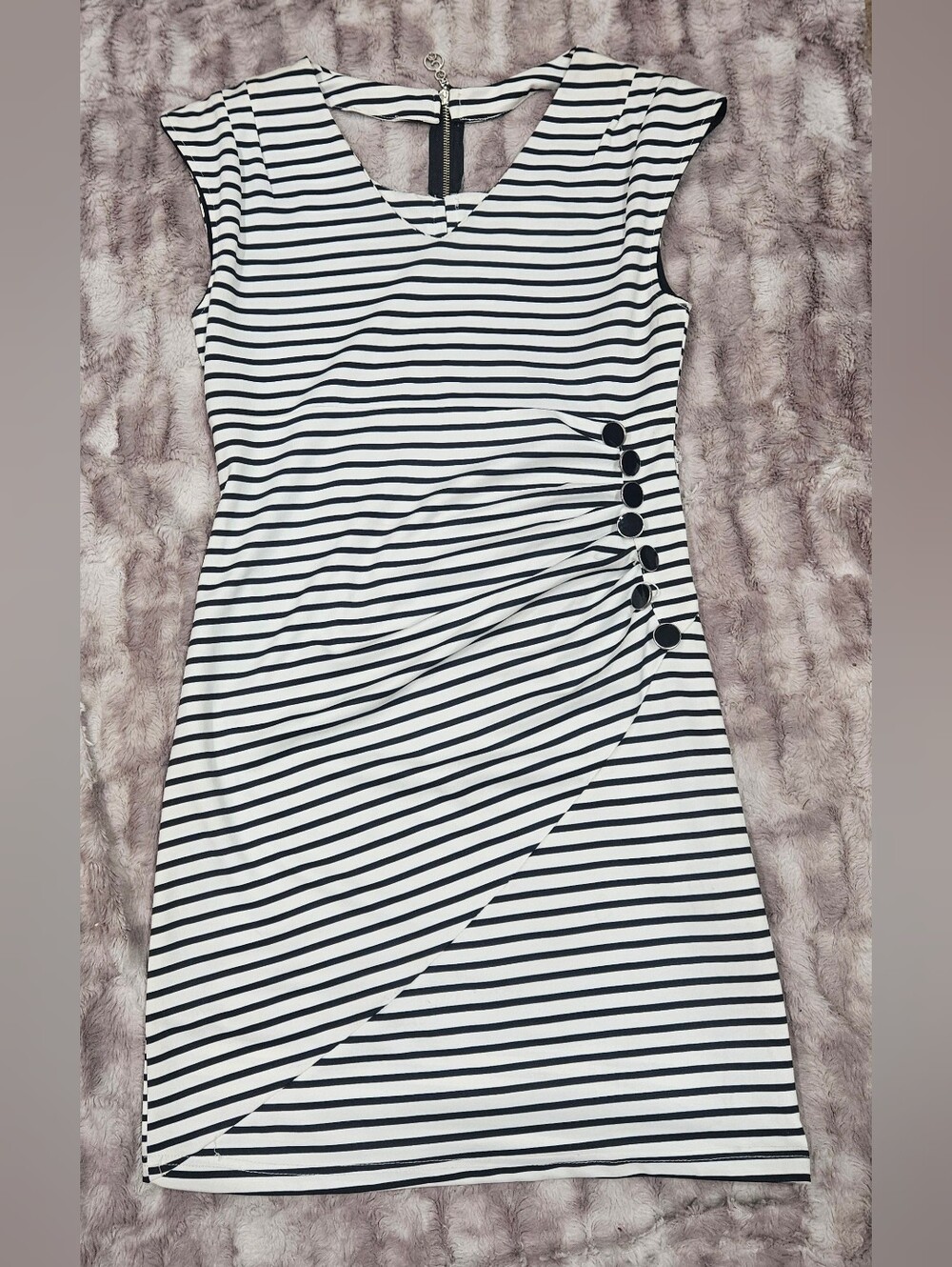 Black & White Striped Cap-Sleeve Midi Dress with Side Button Detail